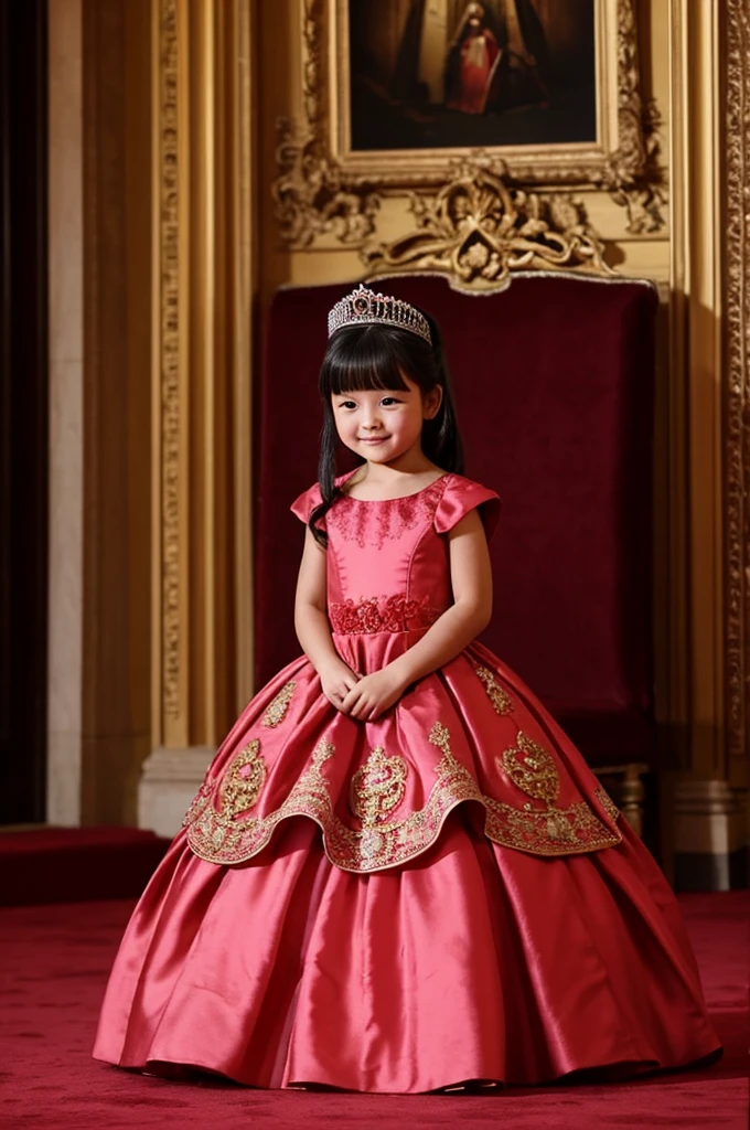 Little princess in a ball gown near the throne
