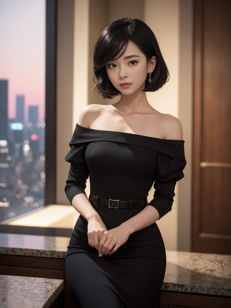 Sean Young-inspired, 20-year-old Chinese girl sits solo at night in a chic cafe. Exquisite face with detailed, soft shiny skin, full lips, and a warm smile directed at the viewer. Her short black hair is styled perfectly framing her elegant features. She wears a stunning Chanel or Prada dress that complements her flawless complexion. **Composition** The subject is placed 1/3 of the way from the left edge (rule of thirds:1.3), creating perfect balance and harmony. The camera captures her beauty in a studio setting, with a shallow depth of field and high-contrast lighting. The background features breathtaking city skyscrapers at night, illuminated by the soft glow of streetlights and the majestic moon hovering above the clouds. **Technical Specifications** Masterpiece-quality image (32k UHD:1.4) with sharp focus, high contrast, and HDR capabilities. Hyper-detailed and ultra-realistic, this photograph showcases intricate details and award-winning quality, rivaling Kodachrome 800 (1.3). Chiaroscuro lighting adds depth and dimension to the scene. **Artist Credits** This stunning image is brought to life by the artistic vision of Antonio Lopez, Diego Koi, Karol Bak, and Hayao Miyazaki, with photo_ booster, real_booster, and art_booster expertise.