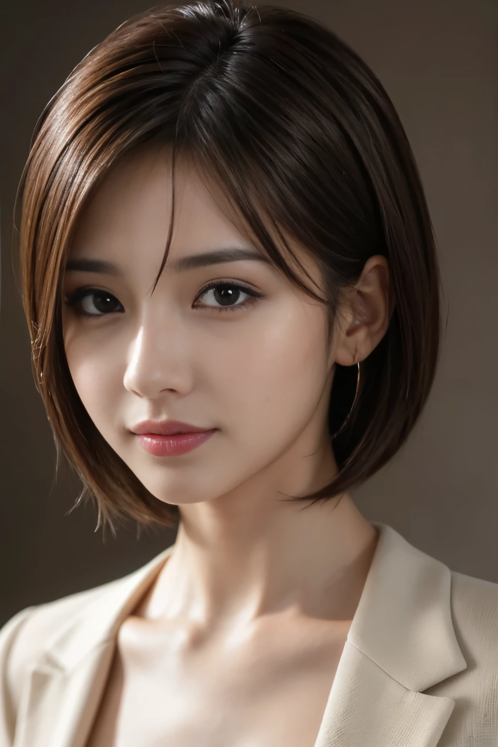 The best quality at its best, Realistically, Super detailed, More about pubic hair, High resolution, Plain background,8k wallpaper, One beautiful woman,,Light brown short hair, Wear a dark suit, Lock Focus, Perfect dynamic composition, Beautiful Eyes, Delicate hair, 细致Realistically的皮肤纹理, smile, Close-up portrait, Model Body Type