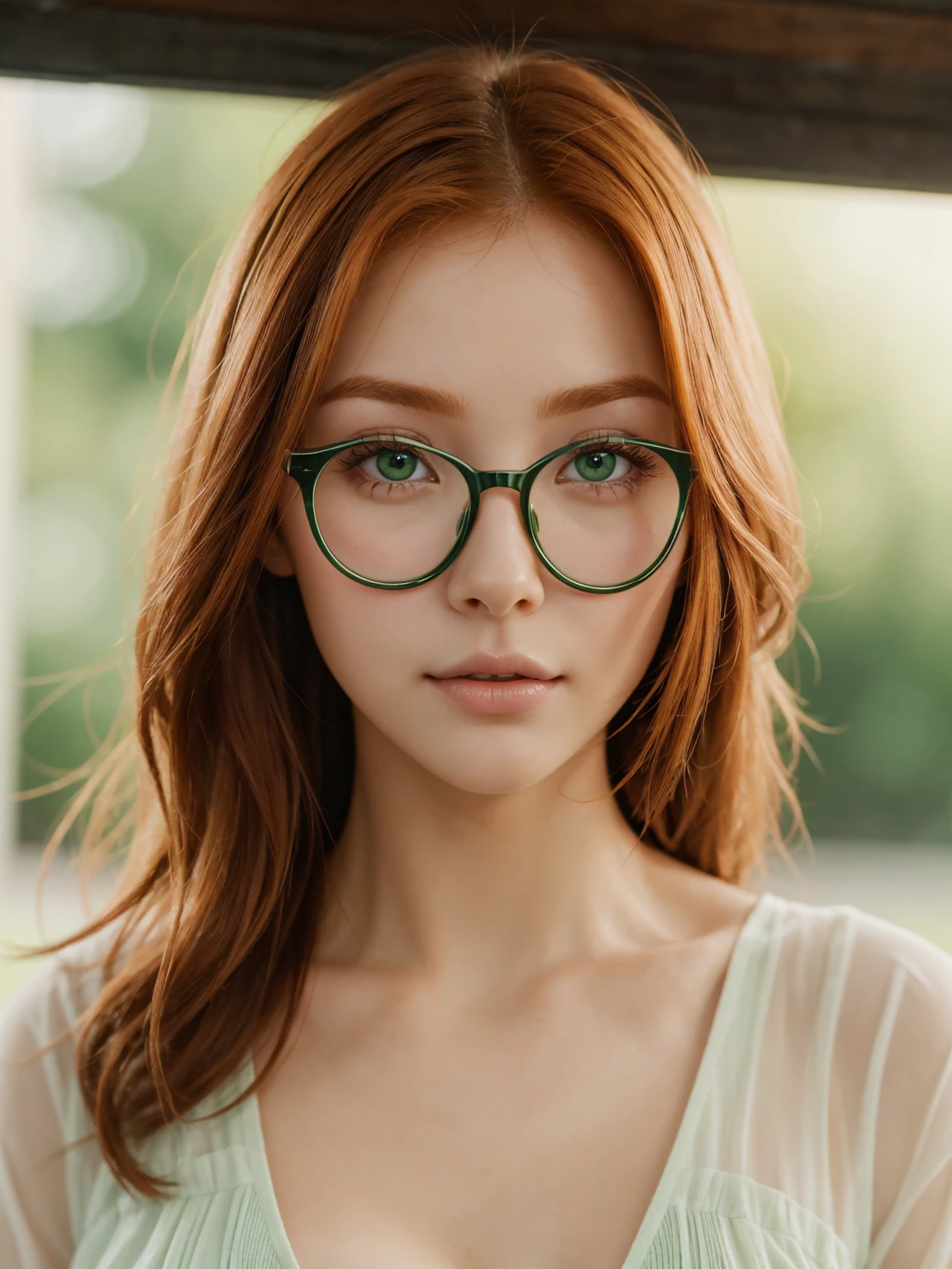 Close-up of Cute beautiful Ginger woman, green eyes, glasses, morning