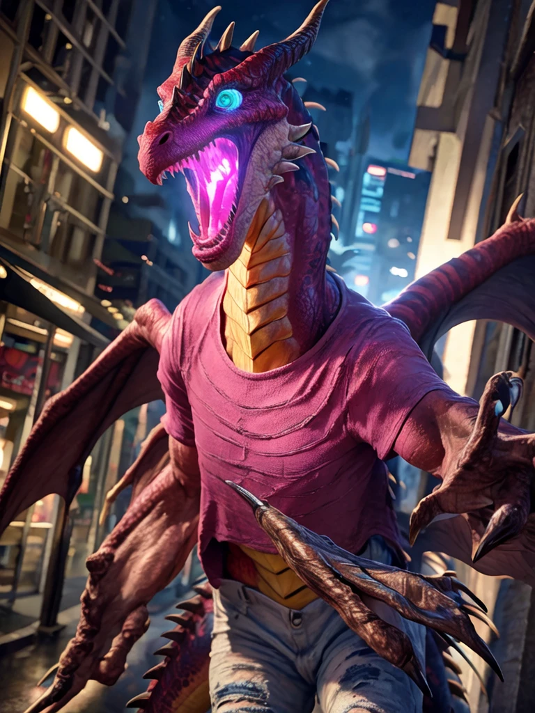 Many women, beautiful detailed eyes, horrified, scared, screaming, beautiful detailed lips, extremely detailed eyes and face, pink t-shirt, white jeans, standing on a street corner, award winning, intricate details, photorealistic, cinematic lighting, volumetric lighting, depth of field, beautiful face, striking pose, dynamic composition, vivid colors, warm tones, dragon