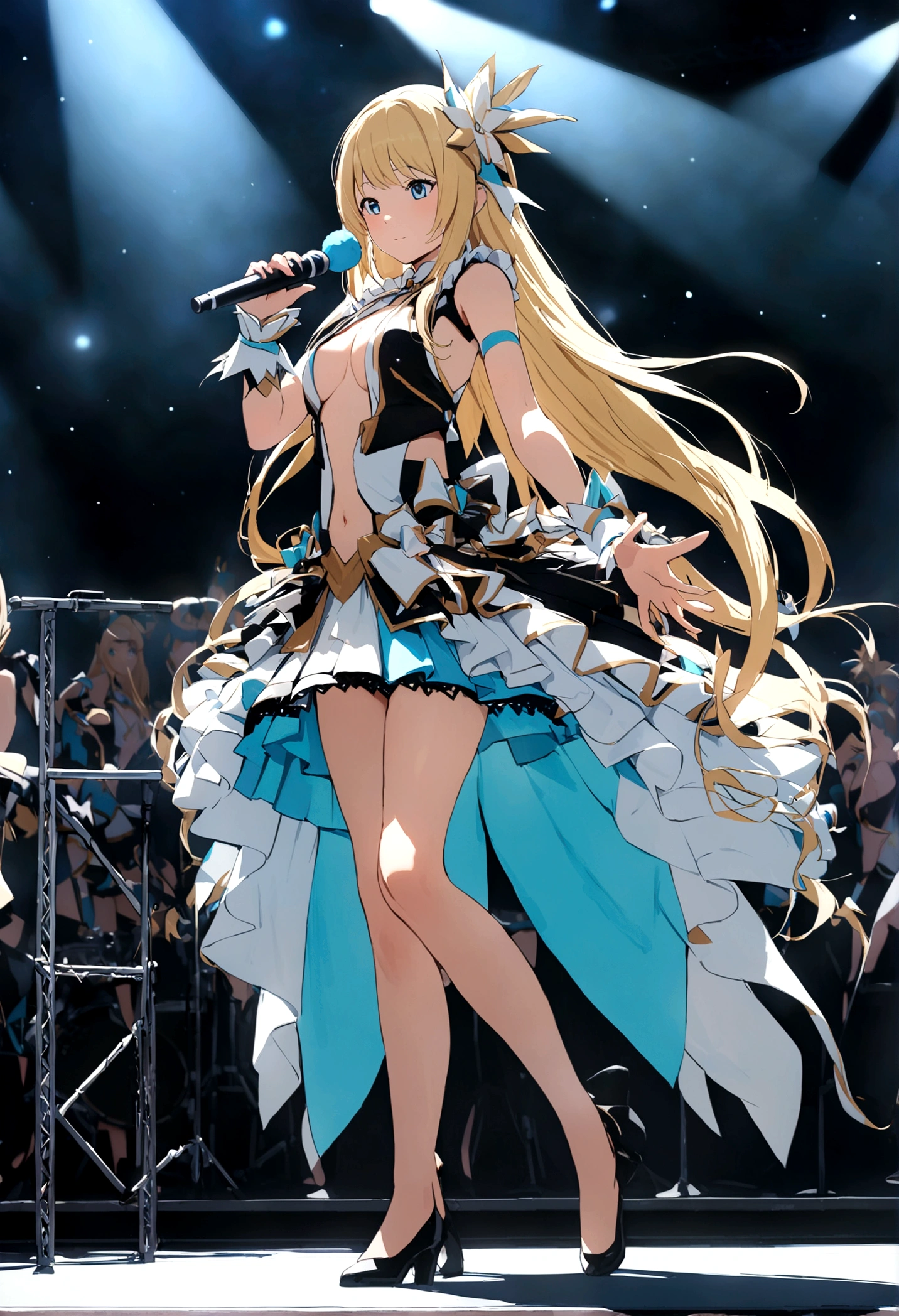 pop idol girl, long flowing blond hair, icy blue eyes, wearing a slightly revealing mechanical looking pop idol stage costume, full body in frame, standing on stage performing, UHD, masterpiece, super detail, high quality, best quality, highres