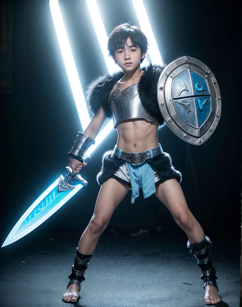 Young 13-year-old boy with black hair and brown eyes, innocent and happy, dressed in short neon-blue medieval barbarian clothes, fur shorts, light-blue battle armor, weilding silver sword and shield, barefoot; fullbody; short hair, boyish athletic, sexy,