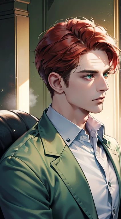(best quality,8k,photorealistic,cinematic lighting,1:4 hdr image,ultra detailed,beautiful image),a mature man,34 years old,handsome,cold expression,short red hair,green eyes,perfect face,buttoning his jacket,CEO