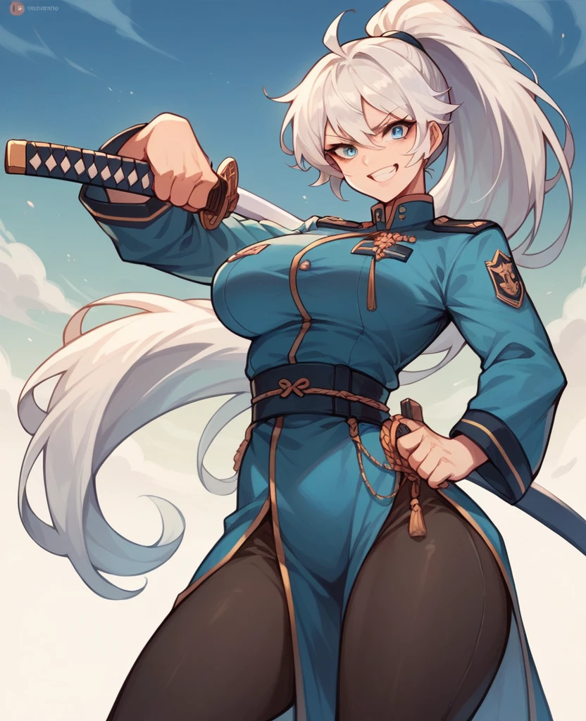 age girl, long white hair in a ponytail, blue colored eyes, with a katana kept on his back, wearing a sexy military uniform, with a giant firebird behind her, make the character with a determined smile, big breasts and wide hips.