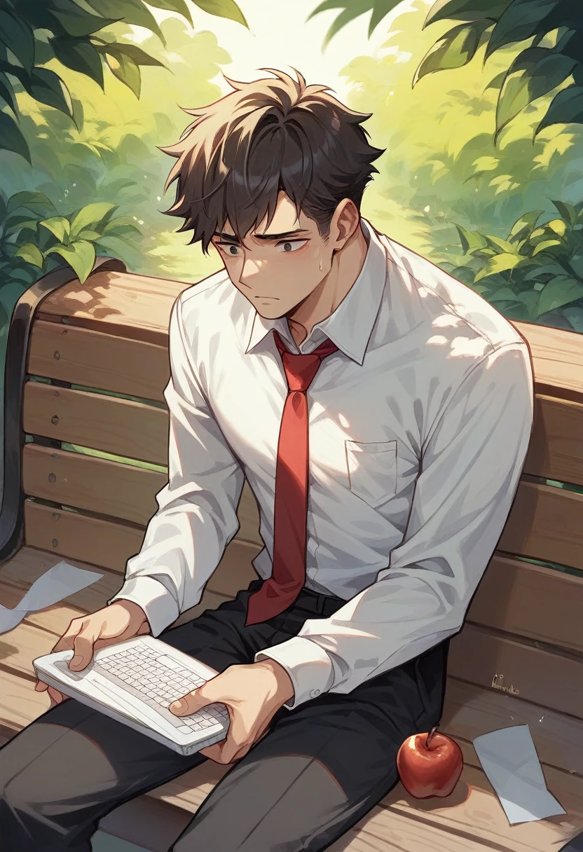a boy is unemployed sad 
And he is sitting alone on a bench in the park with papers spread in his hand or an apple macbook laptop kept nearby, wearing a formal dress, white shirt, black pent, red tie,
