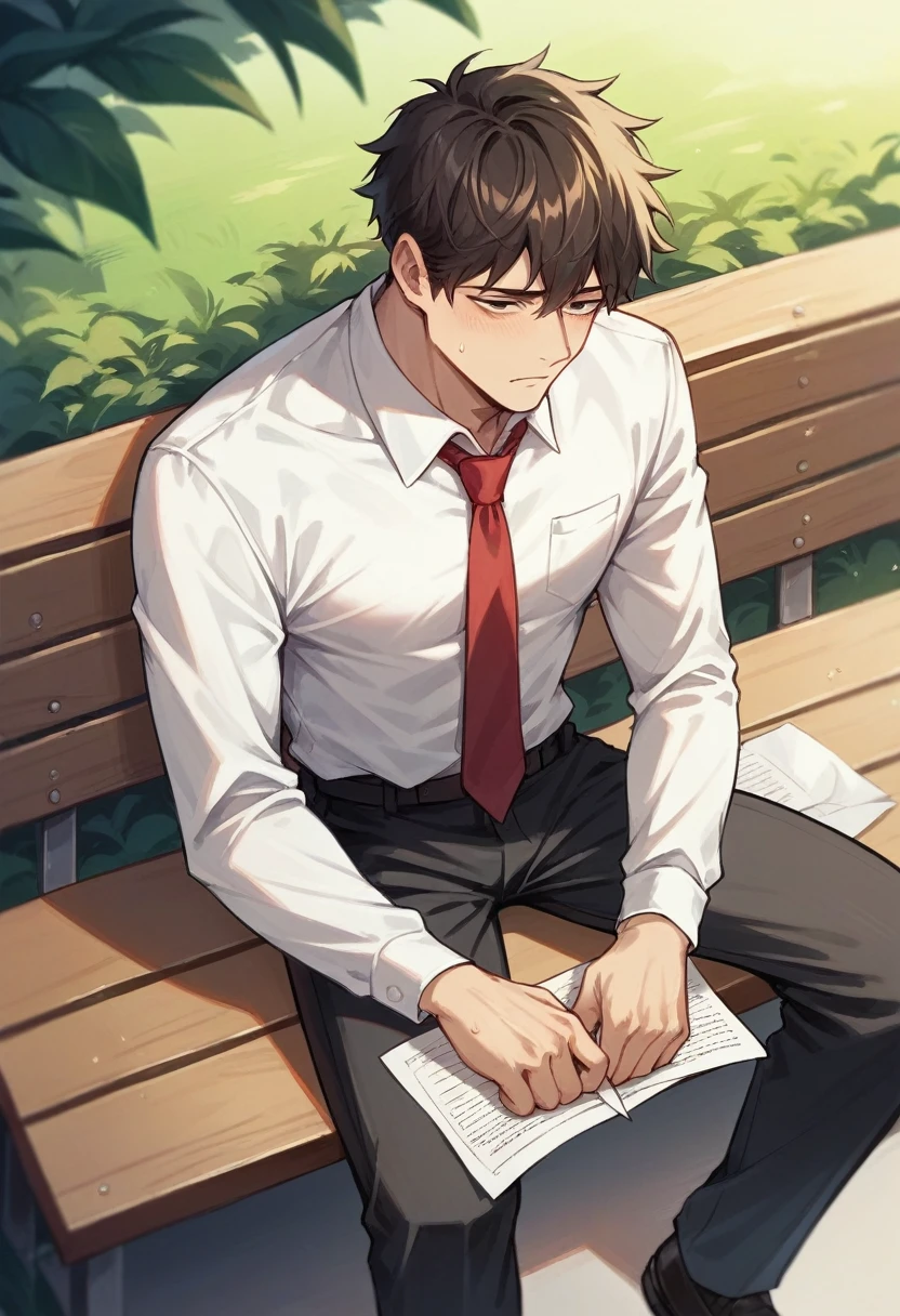 a boy is unemployed sad
And he is sitting alone on a bench in the park with papers spread in his hand or an apple macbook laptop kept nearby, wearing a formal dress, white shirt, black pent, red tie,