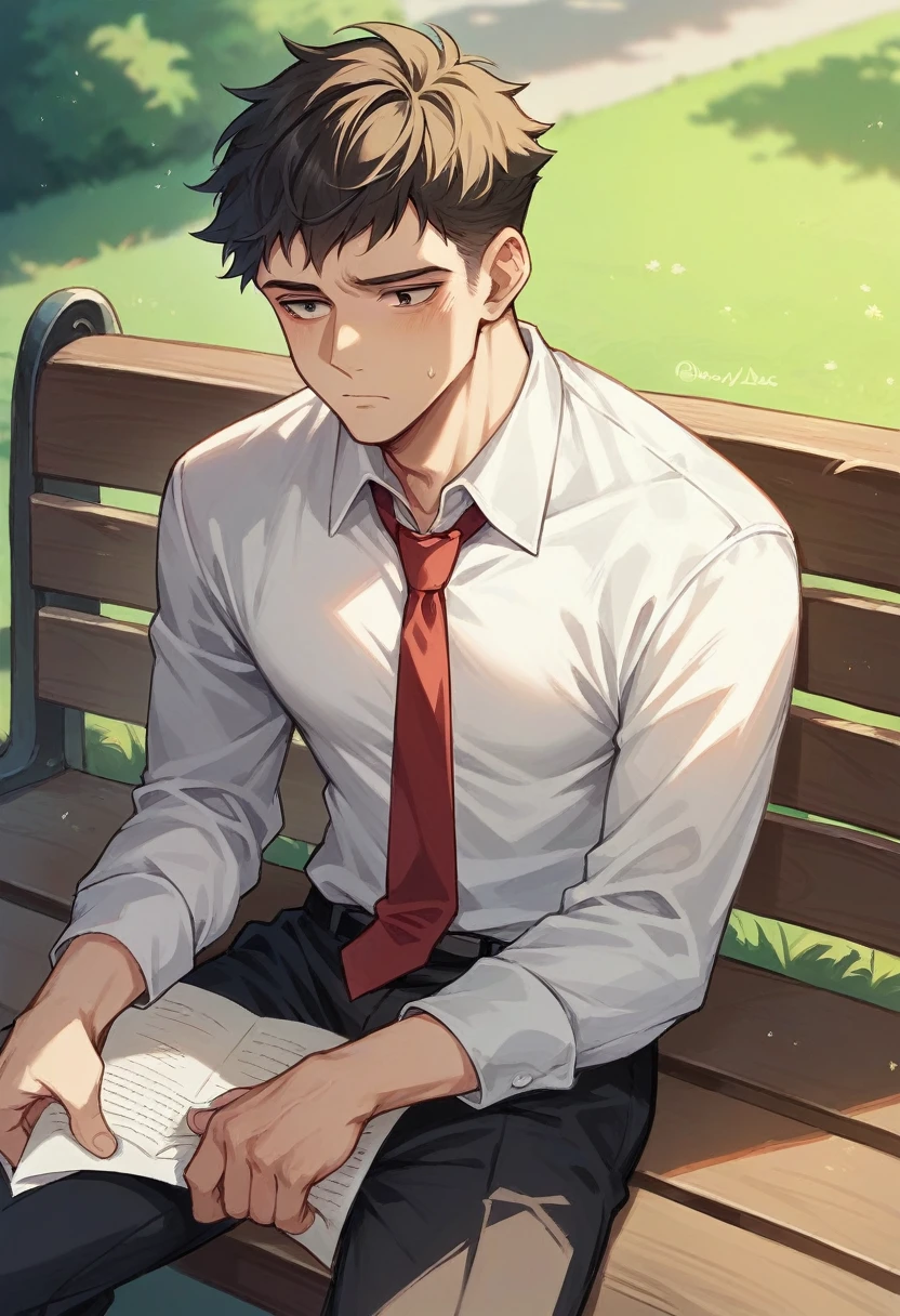 a boy is unemployed sad 
And he is sitting alone on a bench in the park with papers spread in his hand or an apple macbook laptop kept nearby, wearing a formal dress, white shirt, black pent, red tie,
