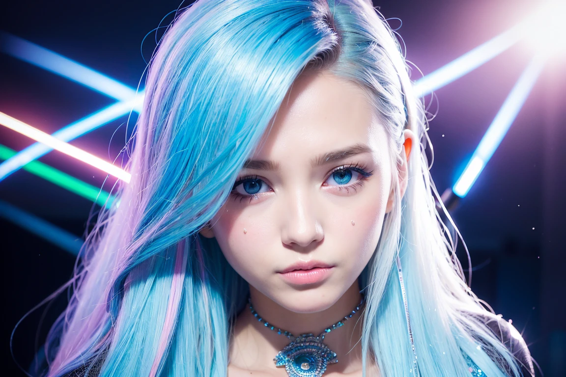 (Masterpiece), (Best Quality:1.0), (ultra high resolution:1.0), portrait, 1 girl, detailed beautiful wet skin, facial focus, tomboy, Skinny, very long hair, norwegian face, 8K Wallpaper, (white and colorful hair), charmingly vibrant 21 year old girl, covered in bright neon colors, on the way to a pulsating rave , Electric blonde hair cascades in wild waves around her face., Matching iridescent makeup that glows under UV lights. Very detailed photography., taken with a professional DSLR camera with 85mm lens, captures your dynamic energy and unique style with impeccable details.. Every inch of her outfit sparkles with sequins and holographic materials., reflecting the flashing lights of the dance floor. This visually stunning performance radiates a sense of emotion and electrifying charisma.., making it impossible to look away.