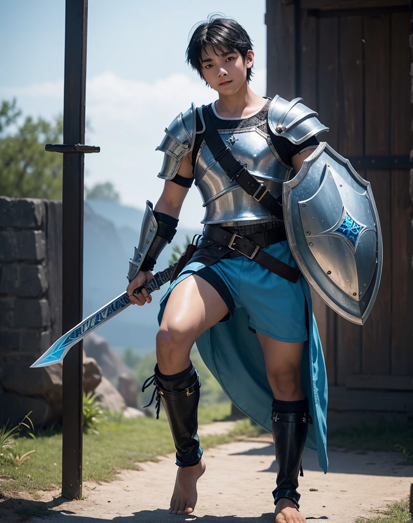 Young 13-year-old boy with black hair and brown eyes, innocent and happy, dressed in short neon-blue medieval barbarian clothes, fur shorts, light-blue battle armor, weilding silver sword and shield, barefoot; fullbody; short hair, boyish athletic, sexy,