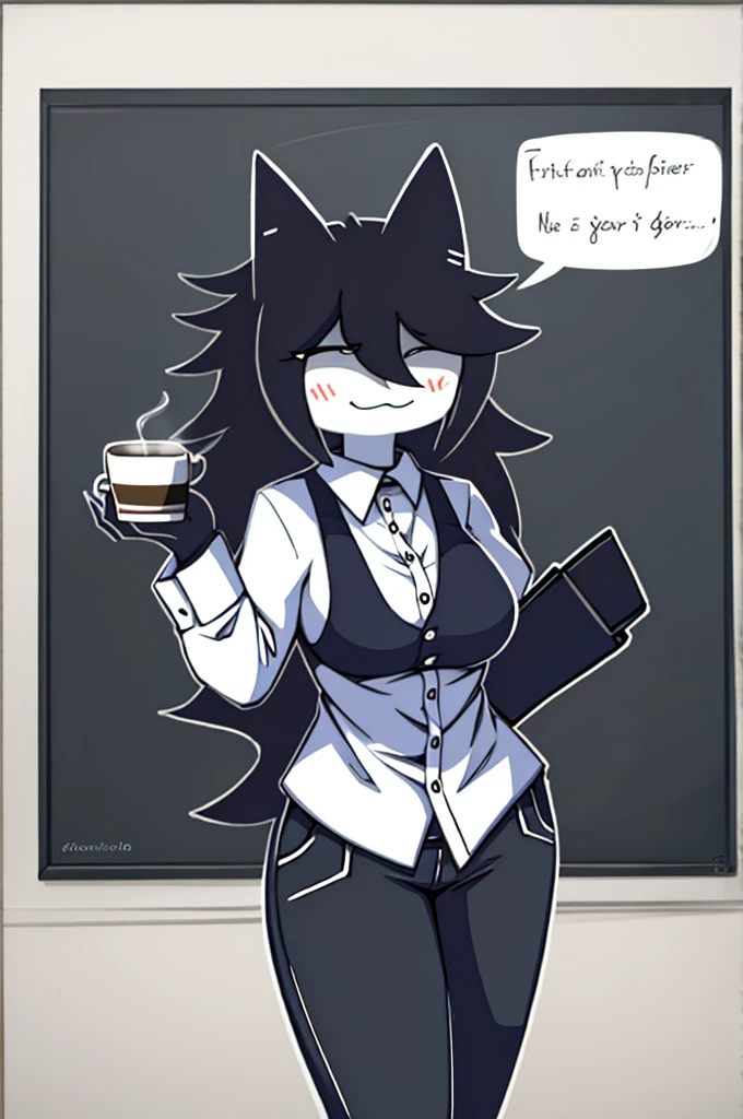 Cup of coffee in hand, clothes on, teaching in front of a blackboard