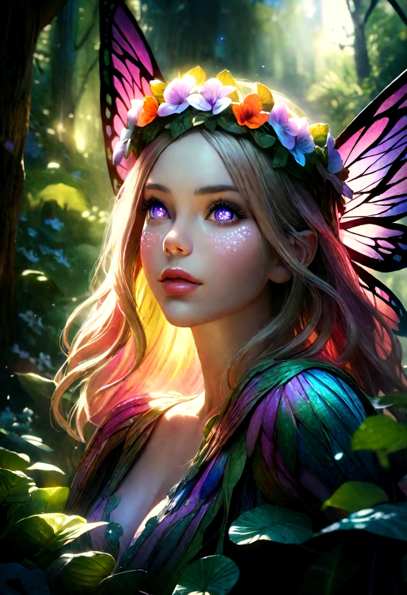 a picture of a jungle fairy, an extraordinary beautiful, elegant beauty, divine beautiful fairy, ((anatomically correct: 1.5)) spread butterfly wings, blue and purple wings, pink eyes, glowing eyes, (ultra detailed face: 1.2), best detailed face,  blond hair, rich hair, wavy hair, glamour dress, wild dress, dress decorated with jungle flowers,  sitting on massive heliconia tree the rain forest, sun rays coming through the trees, Hyperrealism style, vibrant, Ultra-high resolution, High Contrast, (masterpiece:1.5), highest quality, Best aesthetics), best details, best quality, highres, ultra wide angle, 16k, [ultra detailed], masterpiece, best quality, (extremely detailed) RAW, chumbasket art style, FairyTaleAI, fairy wings, 