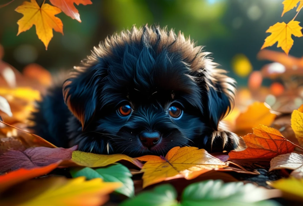 super cute black  fluffy , puppy, lovely , lie on leafs, vivid colors, colorfull, autumn ,source_realsitic, realistic, photorealisitc,  masterpiece , best quality,  BREAK, perfect detailed face, intricated skin,   realistic,  extremely detailed,, dark shadows,, hard light hard shadows, , shallow depth of field, vignette, highly detailed, 8k, best quality, dark, rim lights, cinematic shadows, ultra sahrp, ultra clear ,  score_9, score_8_up, score_7_up,    dark shadows