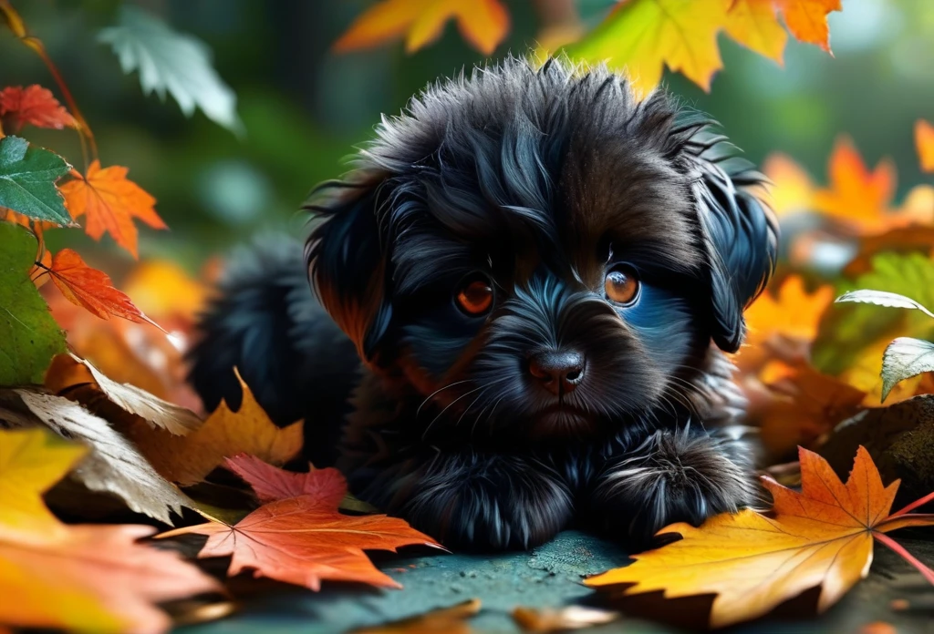 super cute black  fluffy , puppy, lovely , lie on leafs, vivid colors, colorfull, autumn ,source_realsitic, realistic, photorealisitc,  masterpiece , best quality,  BREAK, perfect detailed face, intricated skin,   realistic,  extremely detailed,, dark shadows,, hard light hard shadows, , shallow depth of field, vignette, highly detailed, 8k, best quality, dark, rim lights, cinematic shadows, ultra sahrp, ultra clear ,  score_9, score_8_up, score_7_up,    dark shadows