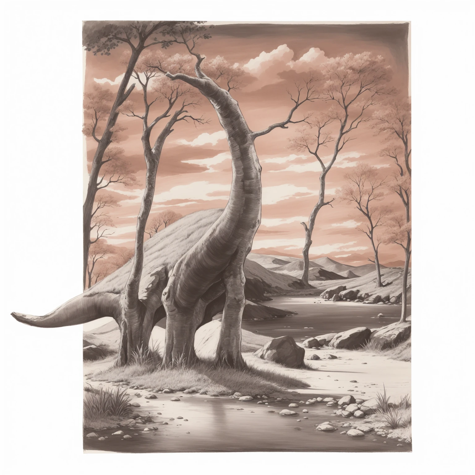 Drawing of a landscape, sketch artstyle, grayscale, monochrome