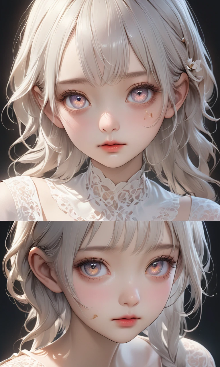 a small girl with white hair, honey-colored eyes, a naive expression, and slight scars on her body, full body portrait, blank background, multiple angles, (best quality,4k,8k,highres,masterpiece:1.2),ultra-detailed,(realistic,photorealistic,photo-realistic:1.37),detailed facial features, beautiful detailed eyes, beautiful detailed lips, extremely detailed eyes and face, long eyelashes, porcelain skin, delicate features, serene expression, peaceful, graceful pose, soft lighting, muted colors, ethereal, dreamlike