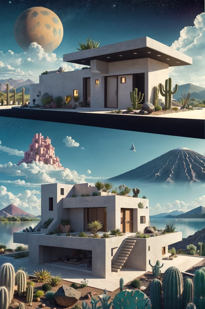 An illustration, collage style, David Hockney visual style, (((Luis Barragán's architectural style houses in middle of a lake))), big boulders, little cascade, mountains, volcanos, volcanic landscape, pool, stairs, beautiful gardens, abundant vegetation, cacti, agave, big clouds, sunset. Magazine cover, serif tipography, editorial design, masterpiece, An illustration in collage style, con rocas gigantes, Brutalist construction sections, escaleras, cactus, agave, textura de concreto, Multiple geometric shapes, hatch and cross hatching, planeta Saturno. ((masterpiece, best quality)),illustration,ultra detailed 8k. (((An illustration of a build designed by Luis Barragán))), with a desertic vegetation garden, (big rocks), ((cacti)), lake, volcano in horizon, smooth clouds, (((illustration collage format))), ((Escher's art style)), (((multiple sections))), (violet, blue, olive green, grey, black and white), hard shadows, (((geometric sculptures))), concrete sculptures, high contrast, dramatic, cinematographic, ((milky way galaxy)), intricate, intricate details, sharp focus,landscape