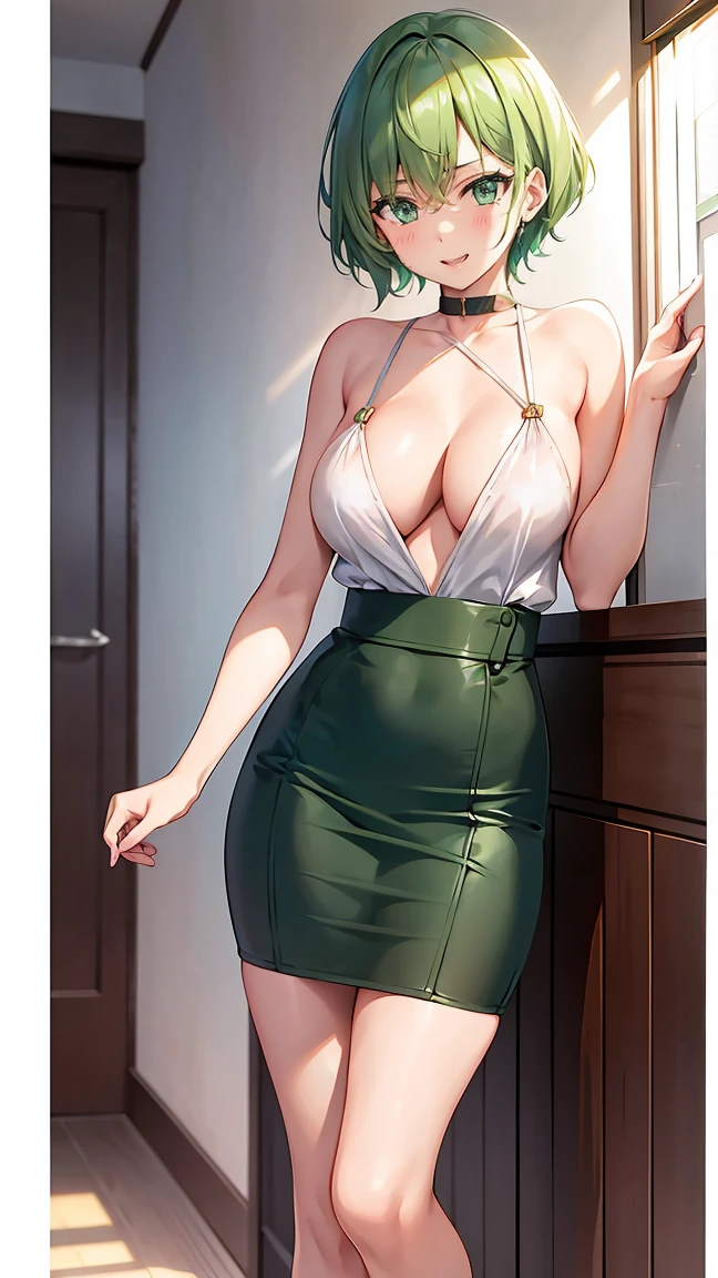 Girl with short green hair, Small breasts, Green Eyes, White Casual Wear Beauty Special、(((tits))),Full body photo from head to toe、Licking one's lips、excited、Sweet gestures、、Alluring face、Sensuality