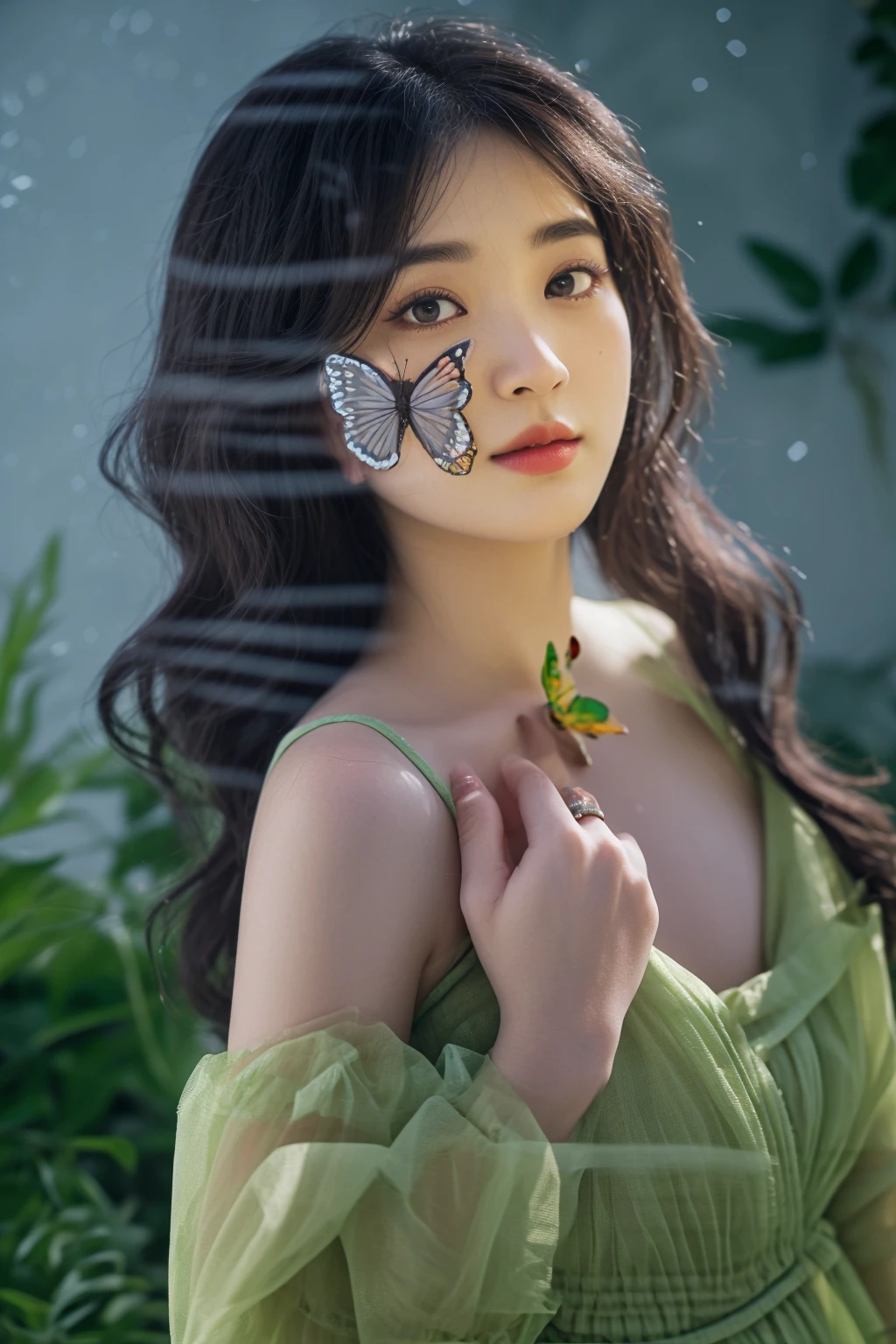 there is a woman with a butterfly on her nose and a green dress, captured on canon eos r 6, taken with canon eos 5 d mark iv, harmony of butterfly, closeup portrait shot, photo taken with nikon d750, photo taken with nikon d 7 5 0, shot on canon eos r5, shot on canon eos r 5