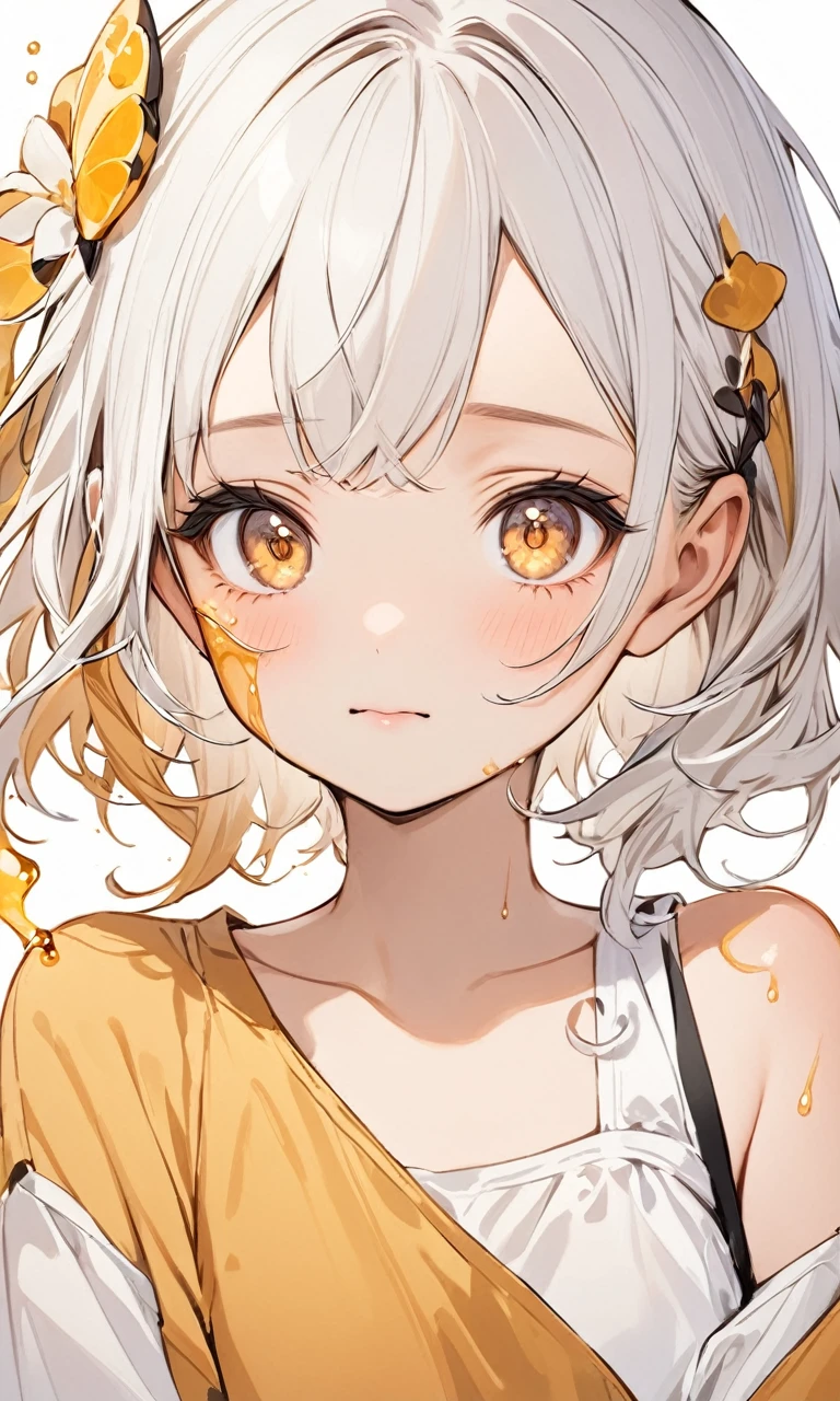 a young girl with white hair, honey-colored eyes, an innocent expression, and slight injuries, in a line art portrait style, on a blank background