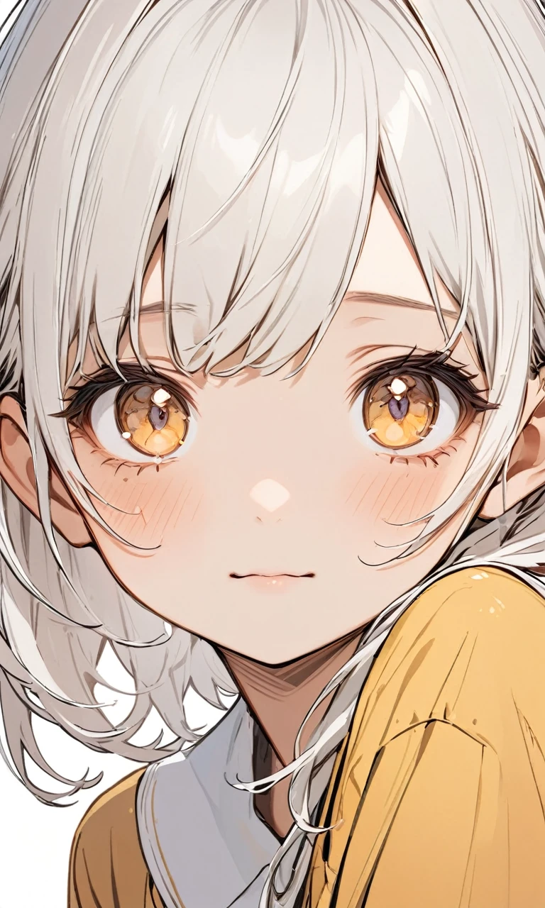 a young girl with white hair, honey-colored eyes, an innocent expression, and slight injuries, in a line art portrait style, on a blank background