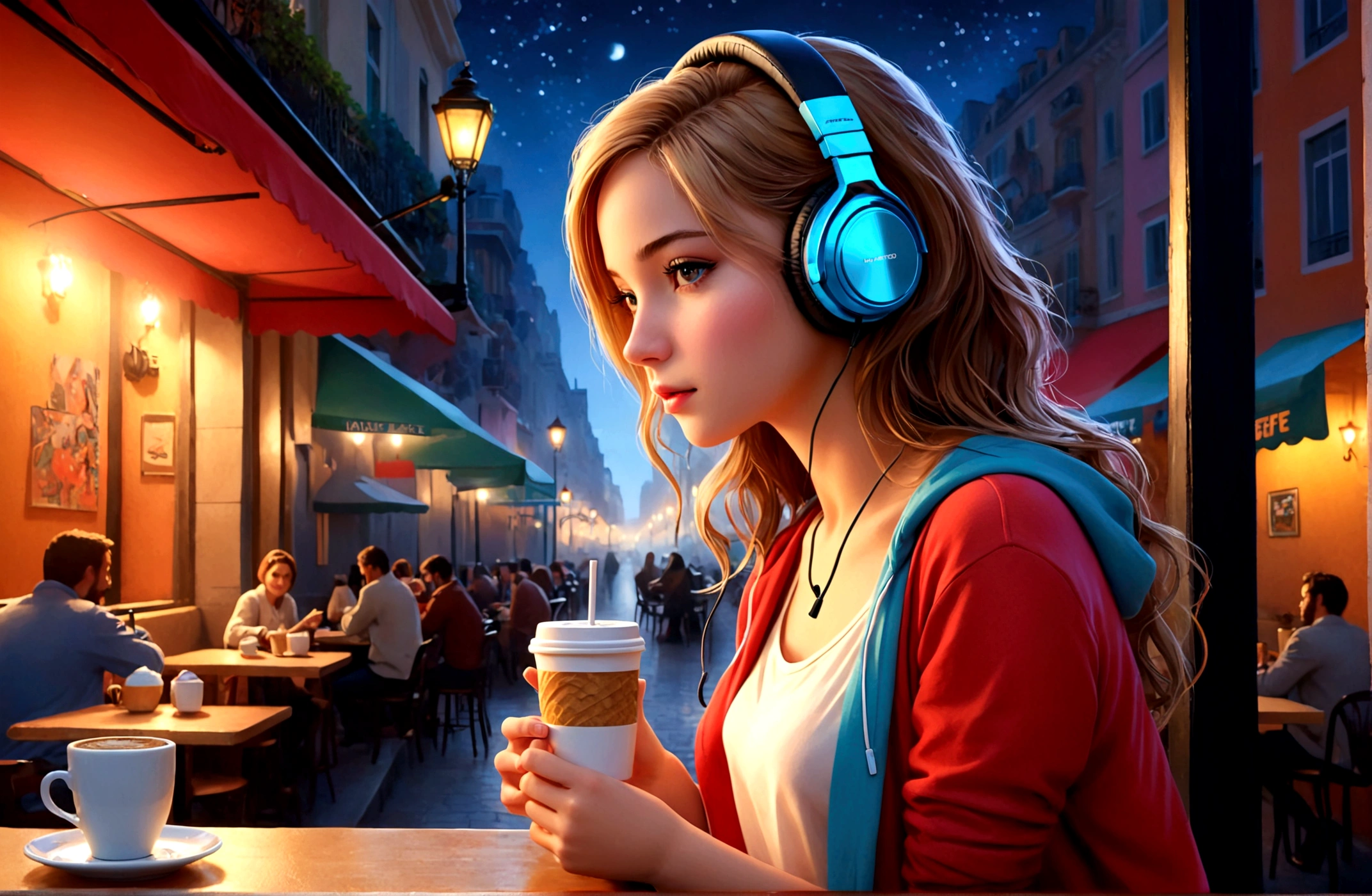 (masterpiece, highest quality, beautifully, 1girl, very detailed, colorful, most detailed, headphones, cafe, night)