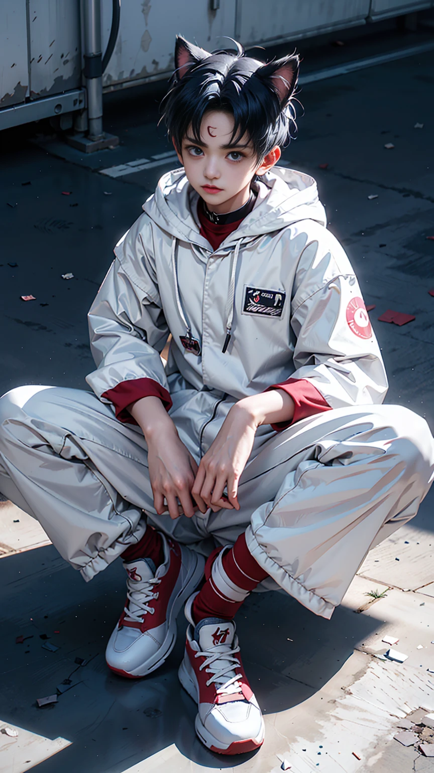 Game CG,8K quality,((younge boy)),Sense of childhood,Anime male protagonist,Pick and dye two-tone hair,Cat ears,Pain and despair,Cat tail,Wounds on the face,bleed,Eye dodging,Silvery-white dye,Blue dye,Hooded pilot suit,Wristbands,Basketball shoes,driver,sat on the ground,Spread your legs,Defeat