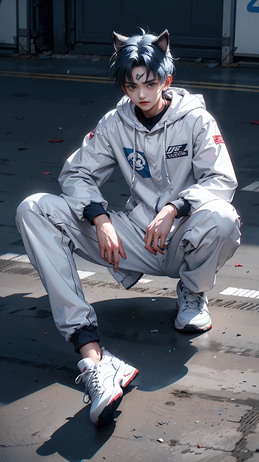 Game CG，8K quality，((younge boy))，Sense of childhood，Anime male protagonist，Pick and dye two-tone hair，Cat ears，Pain and despair，Cat tail，Wounds on the face，bleed，Eye dodging，Silvery-white dye，Blue dye，Hooded pilot suit，Wristbands，Basketball shoes，driver，sat on the ground，Spread your legs，Defeat