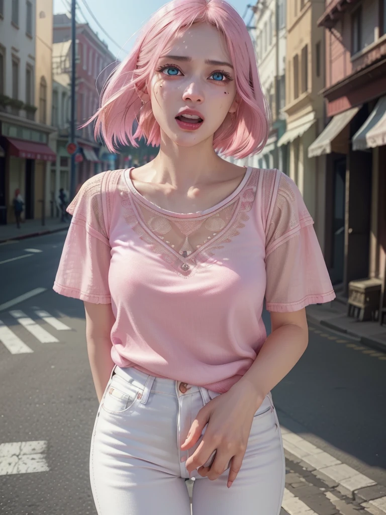 Many women, beautiful detailed eyes, horrified, scared, screaming, beautiful detailed lips, extremely detailed eyes and face, pink t-shirt, white jeans, standing on a street corner, award winning, intricate details, photorealistic, cinematic lighting, volumetric lighting, depth of field, beautiful face, striking pose, dynamic composition, vivid colors, warm tones, dragon