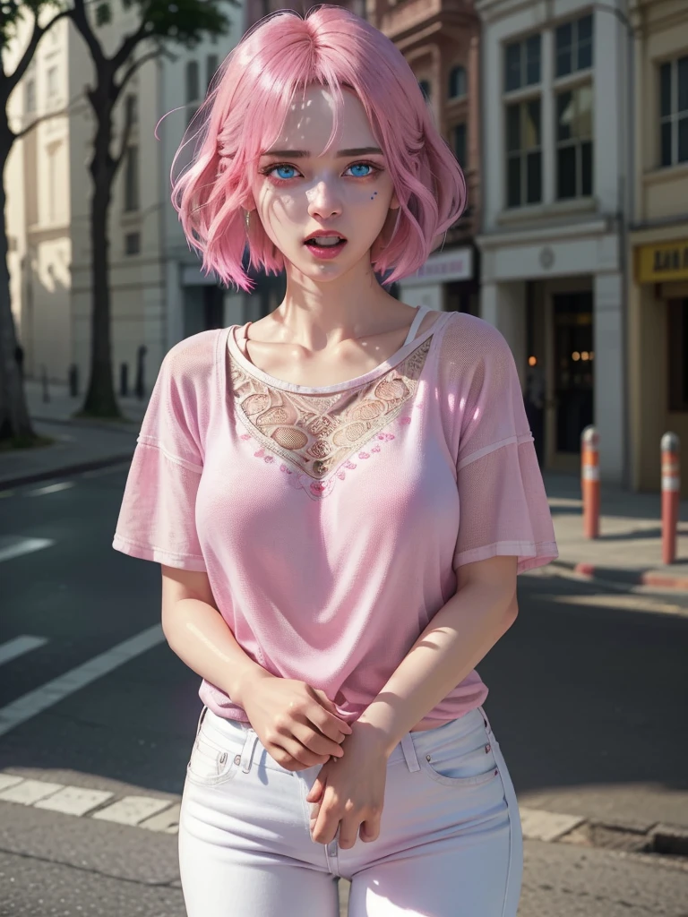6girls, Many women, beautiful detailed eyes, horrified, scared, screaming, beautiful detailed lips, extremely detailed eyes and face, pink t-shirt, white jeans, standing on a street corner, award winning, intricate details, photorealistic, cinematic lighting, volumetric lighting, depth of field, beautiful face, striking pose, dynamic composition, vivid colors, warm tones, dragon