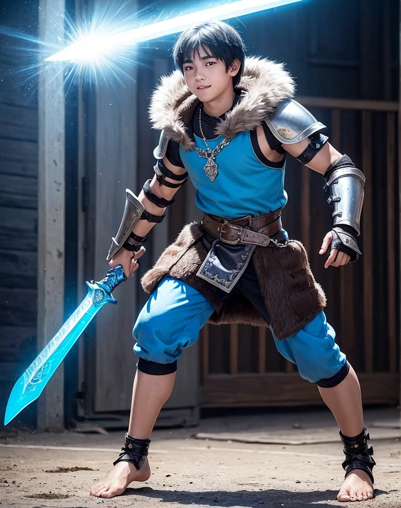 Young 13-year-old boy with black hair and brown eyes, innocent and happy, dressed in short neon-blue medieval barbarian clothes, fur shorts, light-blue battle armor, weilding silver sword and shield, sandals; fullbody; short hair, boyish athletic, sexy,