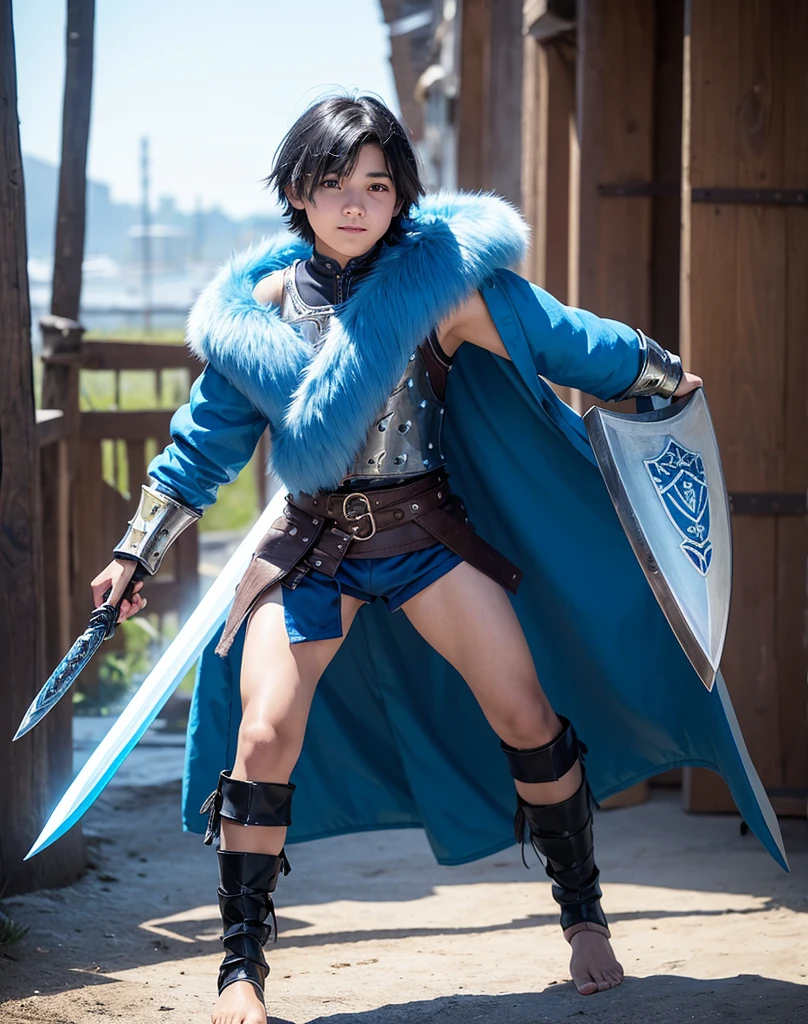 Young -yeld boith black hair and brown eyes, innocent and happy, dressed in short neon-blue medieval barbarian clothes, fur shorts, light-blue battle armor, weilding silver sword and shield, barefoot; fullbody; short hair, boyish athletic, sexy,