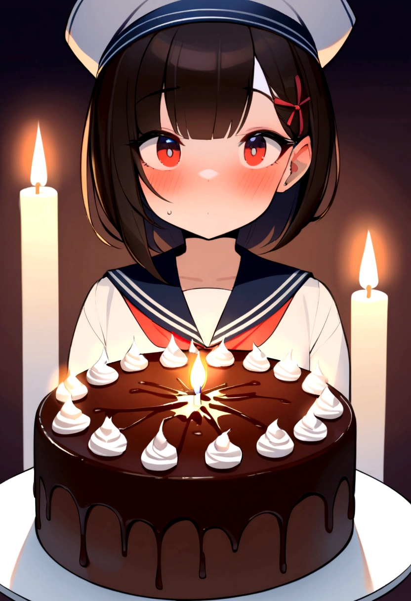 A close-up photo of a beautifully decorated chocolate cake with a lit candle.,original,moderno, whisker, naughty man, wears a sailor hat,