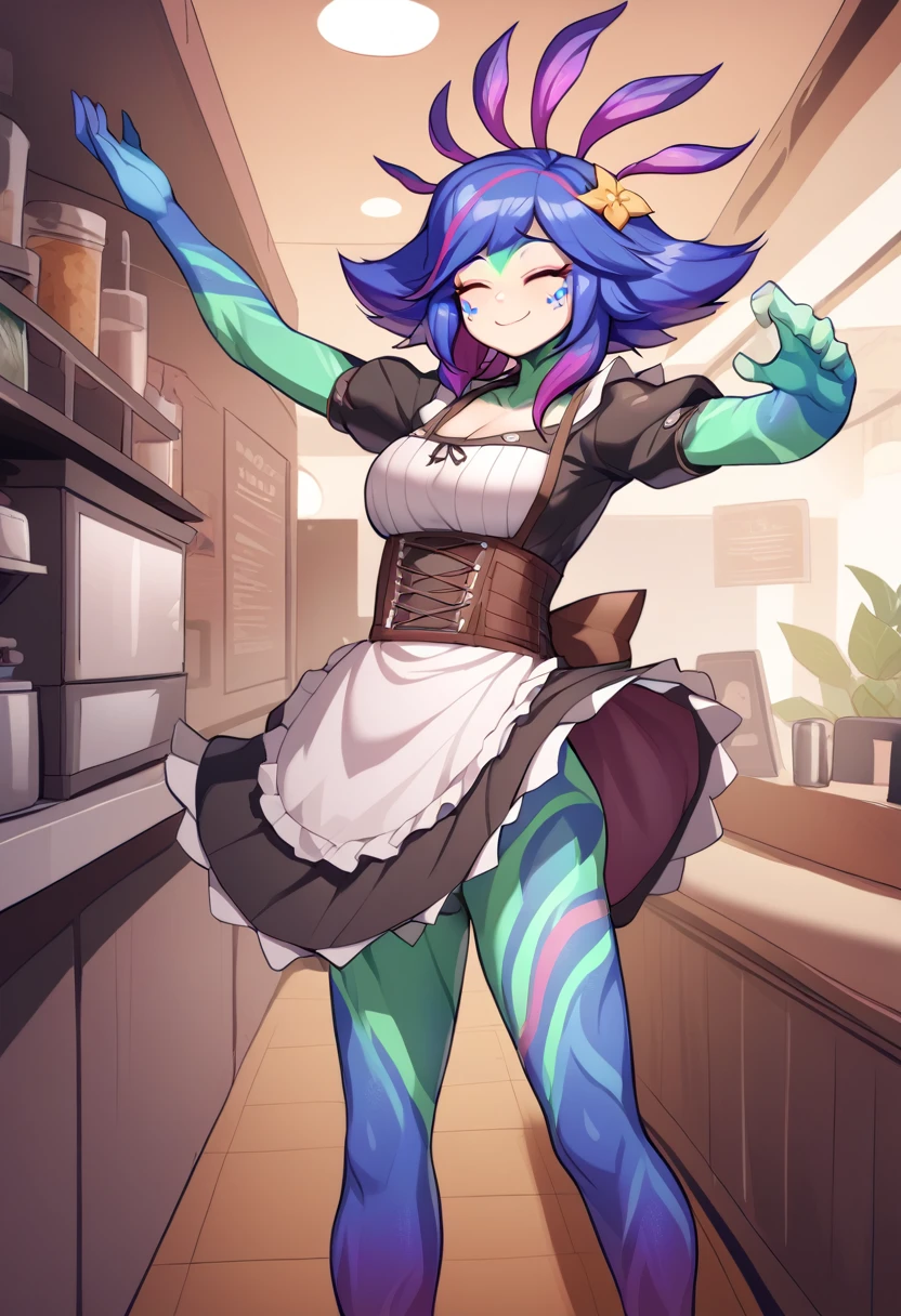 masterpiece, best quality, 1girl, boris \(noborhys\), neeko, colorful skin, multicolored hair, hair ornament, standing, maid outfit, facial mark, closed eyes, smile, cafe environment, maid outfit , lifting her skirt, sfutanari, penis, 