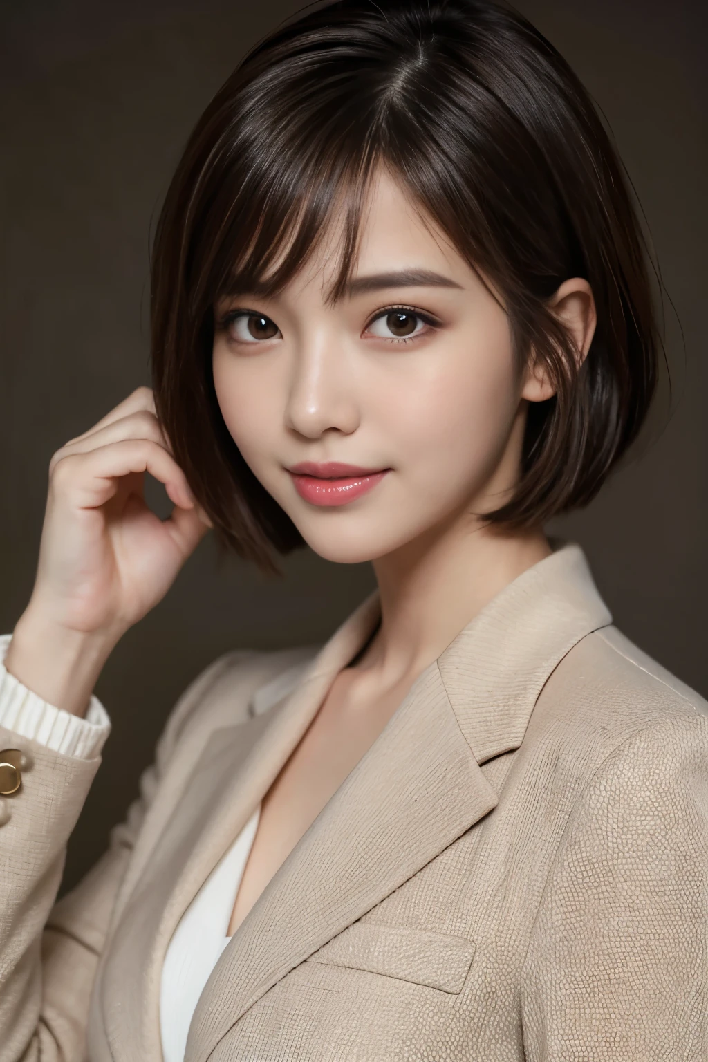 The best quality at its best, Realistically, Super detailed, More about pubic hair, High resolution, Plain background,8k wallpaper, One beautiful woman,,Light brown short hair, Wear a dark suit, Lock Focus, Perfect dynamic composition, Beautiful Eyes, Delicate hair, 细致Realistically的皮肤纹理, smile, Close-up portrait, Model Body Type