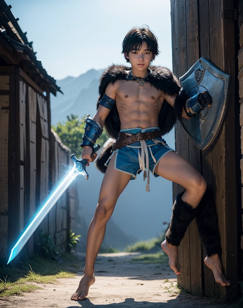 Young 13-year-old boy with black hair and brown eyes, innocent and happy, dressed in short neon-blue medieval barbarian clothes, fur shorts, light-blue battle armor, weilding silver sword and shield, barefoot; fullbody; short hair, boyish athletic, sexy,