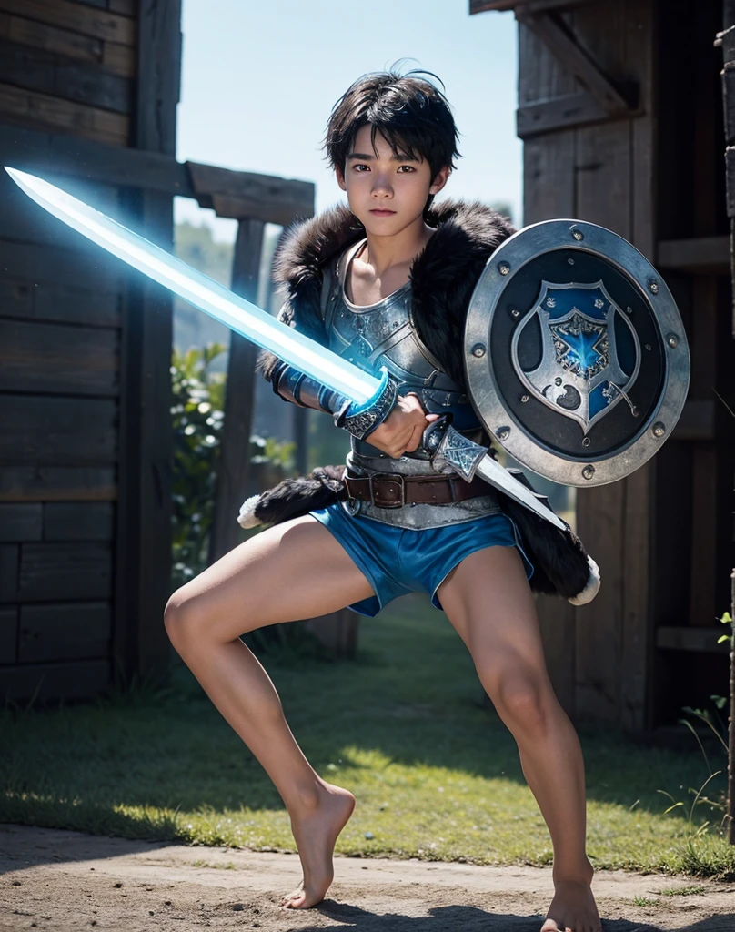 Young 13-year-old boy with black hair and brown eyes, innocent and happy, dressed in short neon-blue medieval barbarian clothes, fur shorts, light-blue battle armor, weilding silver sword and shield, barefoot; fullbody; short hair, boyish athletic, sexy,