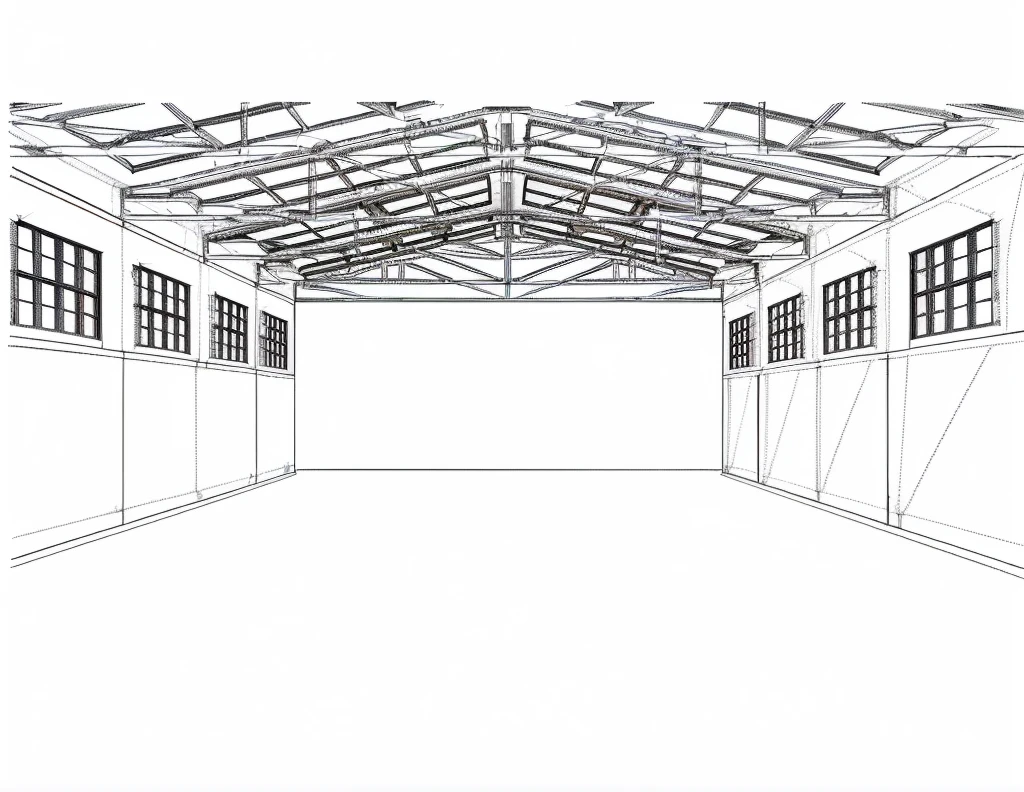 drawing of a room with roof and windows, [[empty warehouse]] fund, extreme Three-point perspective, frontal perspective, empty warehouse fund, Three-point perspective, 3D point perspective, two point perspective, ultra wide angle isometric view, 2 point perspective, Single point perspective, 3 point perspective, deep 3 point perspective, outline