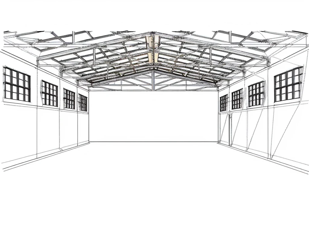 drawing of a room with roof and windows, [[empty warehouse]] fund, extreme Three-point perspective, frontal perspective, empty warehouse fund, Three-point perspective, 3D point perspective, two point perspective, ultra wide angle isometric view, 2 point perspective, Single point perspective, 3 point perspective, deep 3 point perspective, outline