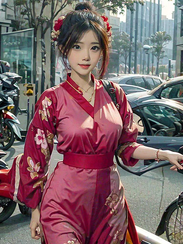 Woman wearing Thai dress The Naga is bright red.