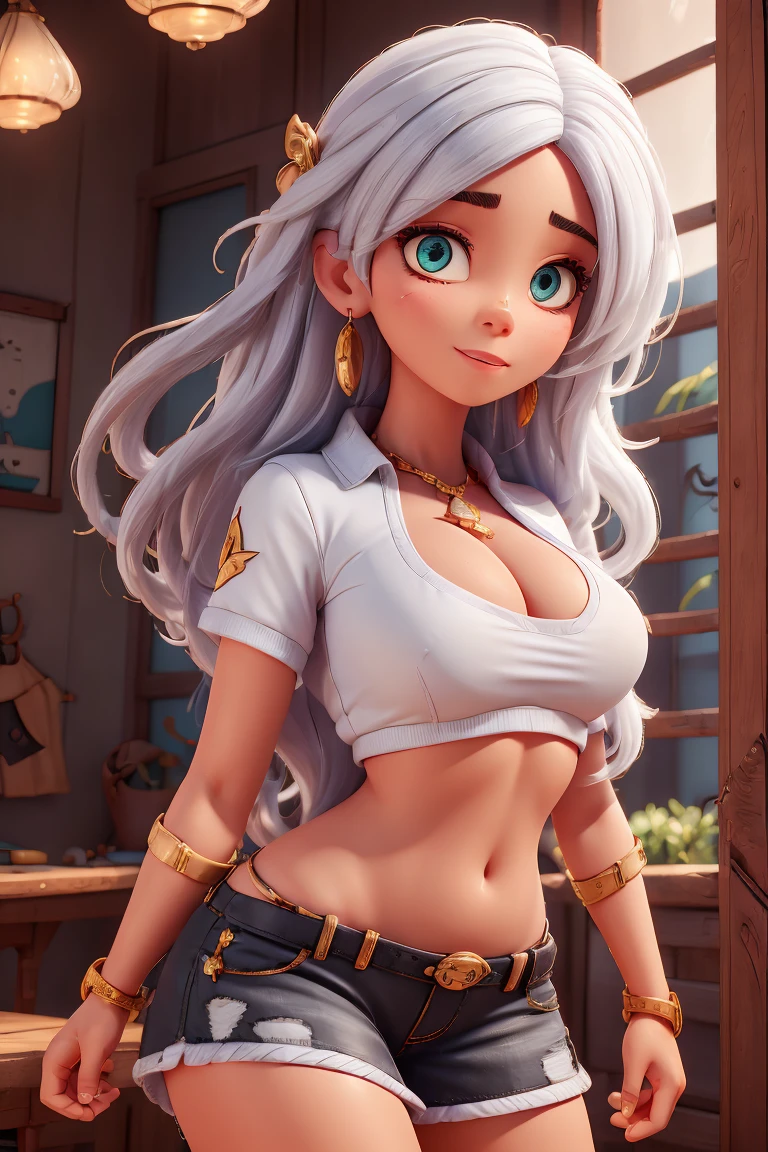 high quality, qualty 4k, quality 8k, Alya Césaire from Lady Bug,african woman, black woman, woman with black skin, incredible detail in the black skin, beautiful and detailed face, great detail of heterochromia eyes, semi-open red lips with great detail, 30-year-old woman, semi-long hair in colored layers white, beautiful and sweet smile, open neckline, large separated breasts, breasts up, covered nipples, wearing a small top, short denim jacket open with her hands, small and exposed waist, wearing a sports miniskirt, wide hips, big firm butt, shapely and semi-open legs, wearing sexy pantyhose, wearing black platform sneakers, sports watch on hand, big necklace, big round earrings, looking at viewer, breasts semi-focus, nightclub party, spectacular and defined lights, sweating breasts and legs, belly tattoo, leg tattoo,Heterochromia