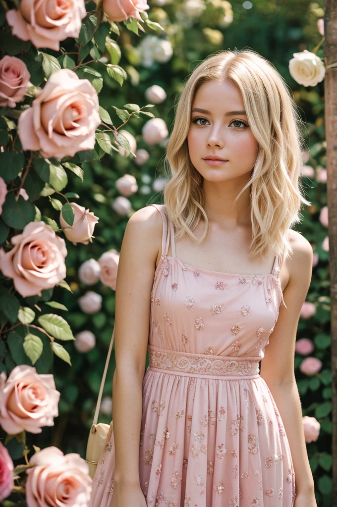 8k, RAW photo, Fujifilm, style photo of a beautiful young woman as avril in a garden of light pink roses (highly detailed skin: 1.2) Style-Petal BREAK short hair, blonde hair with colored locks, wearing a dress, film granulation, 35mm, cute style