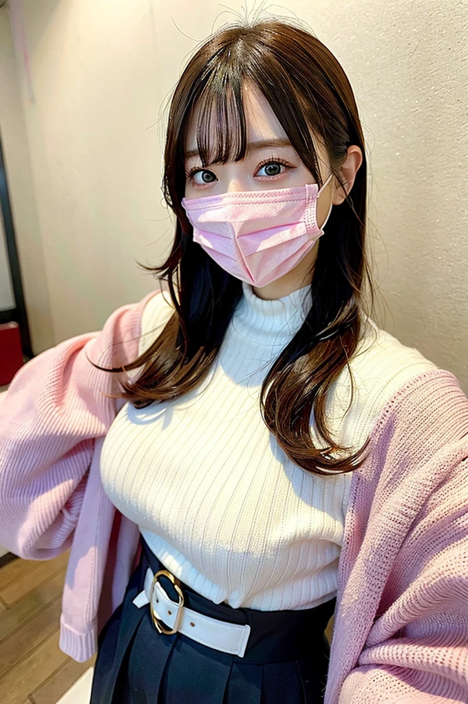 Japan Beauty、Live action、Poses variadas、Background shot on white wall、Colossal tits、Pink mask、Selfie wind、White knitwear
