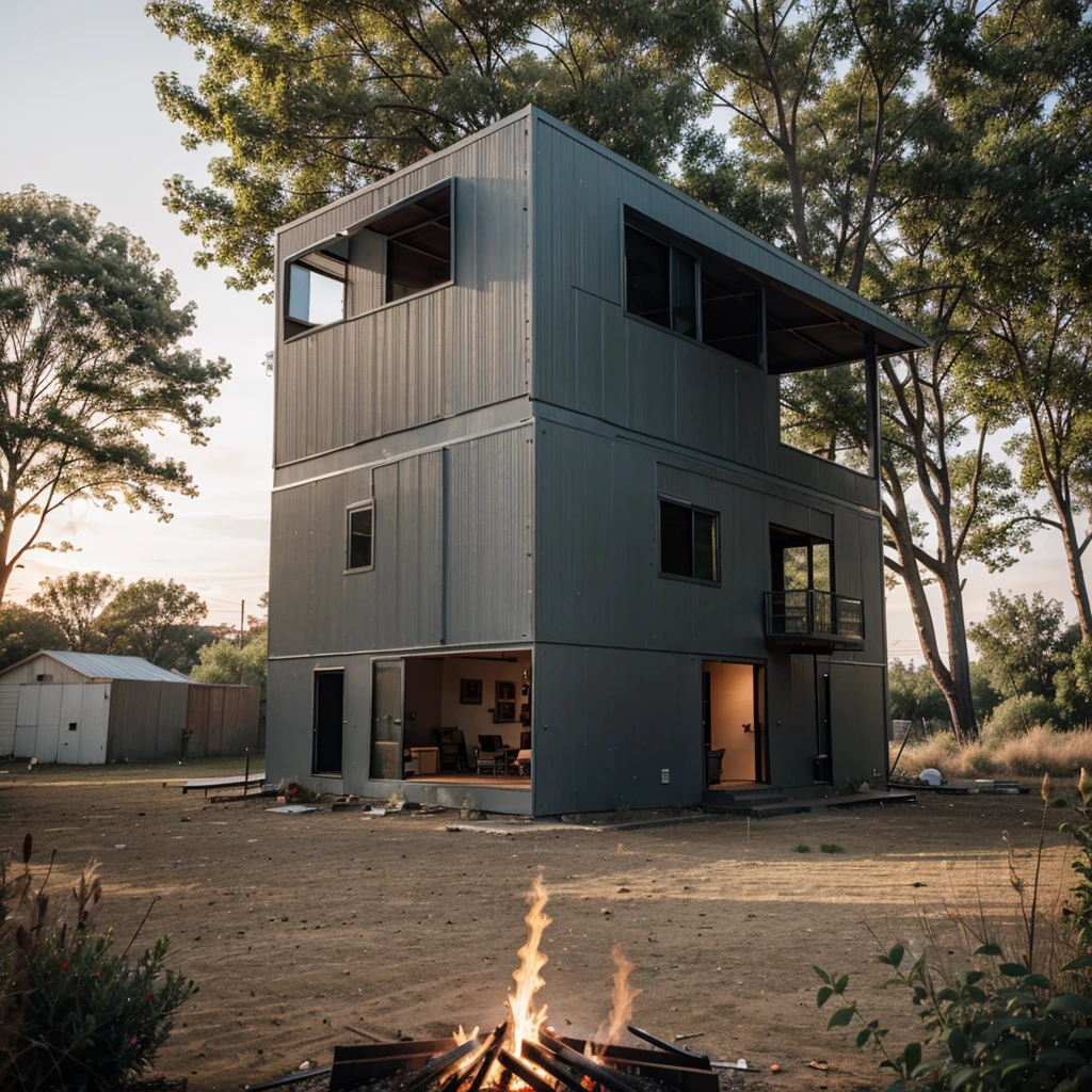 sheet metal house in an afternoon with a bonfire