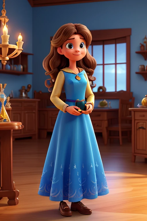 creates a 3D Disney Pixar style image of a 40-year-old woman with very light brown wavy hair and big hazel eyes, a royal blue and gold dress with long sleeves and has a friendly and kind gesture with a wooden table where there is a crystal ball , a bottle of magic posion, a lit thick white candle and a pendulum
