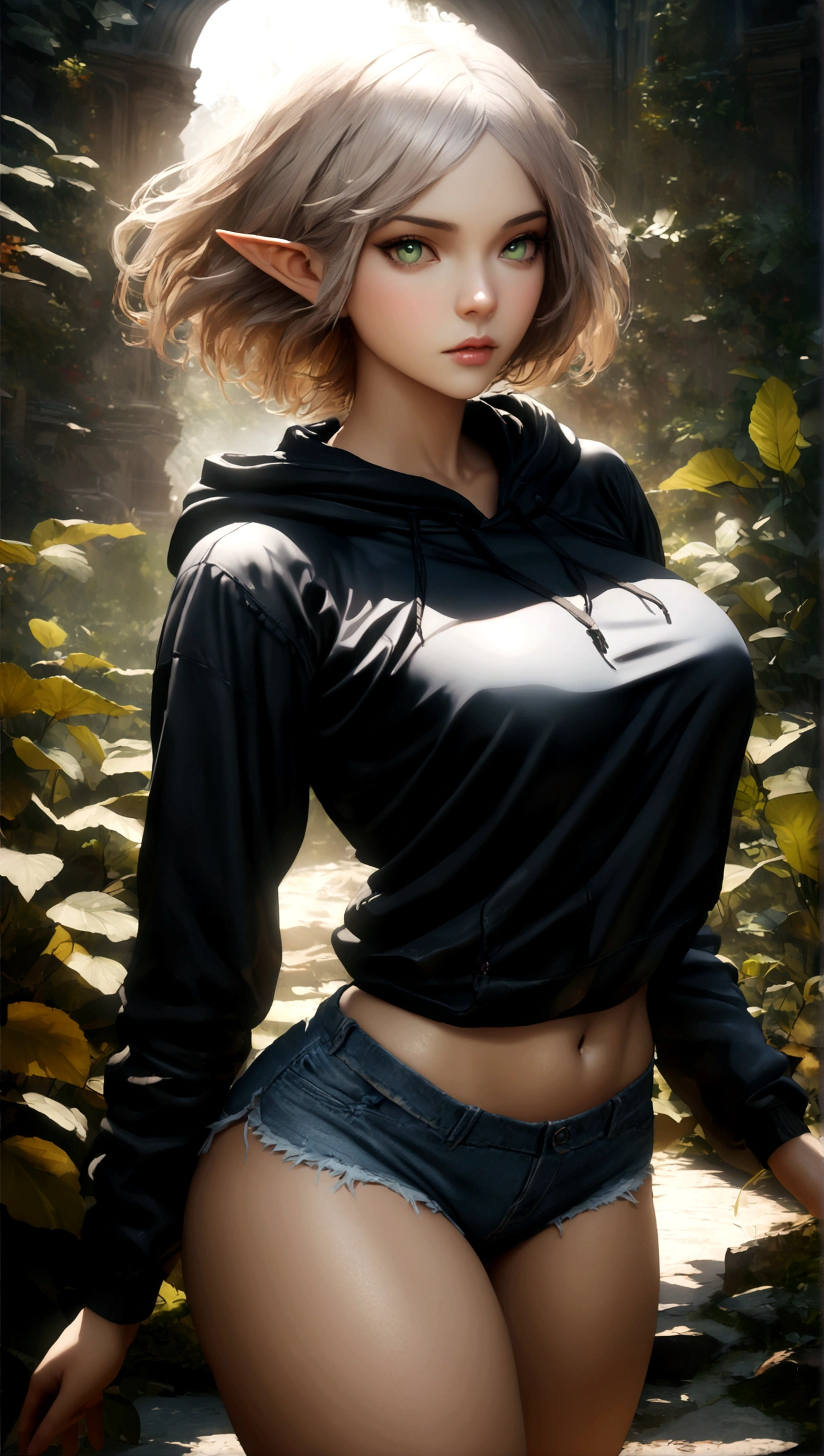 (masterpiece, best quality, perfect face, (beautiful and aesthetic:1.2), extremely detailed, highest detailed face), (beautiful short white elf girl, (white short hair:1.4), (green eyes:1.2), (white brown skin:1.5), fake breasts, (narrow waist), (thick thighs), wide hips, large thighs, pointy elf ears), (exposed belly:1.2), ((wears micro shorts and a black hoodie:1.4)), ((dark fantasy background)), (high quality, hyperrealistic, CG, unity, 4k)