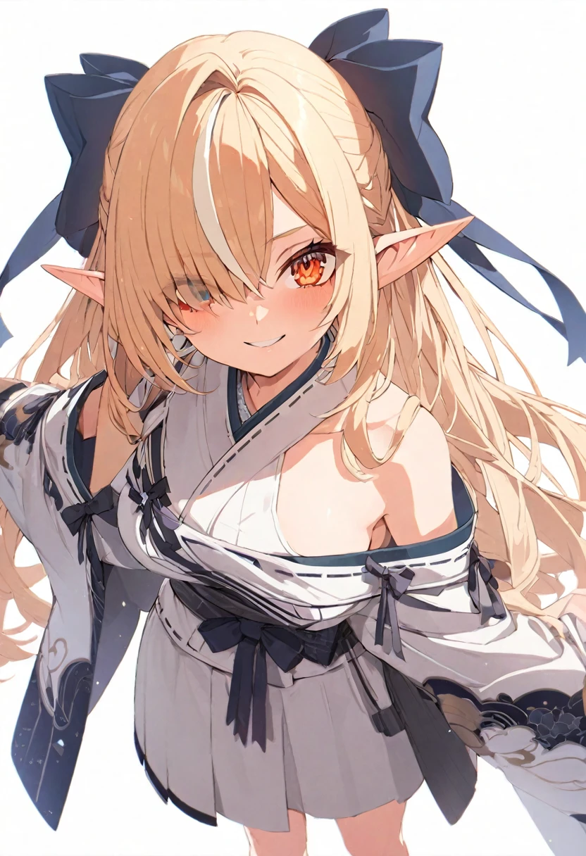 (muste piece), (best quality), very detailed eyes, expressive eyes, perfect face, very detailed face, highly detailed face, beautiful girl, 8K, beautiful girl, white background background, delicate and beautiful face and eyes, dark intense shadow,
1 girl, vtuber style, cool girl, hololive, Shiranui Flare, blond hair, Elf ears, Gorgeous kimono, japanese hair accessories, big chest, clavicle, one eye close winking, smile, body visible through clothes, chest visible through clothes, (full body), looking at viewer, standing,
