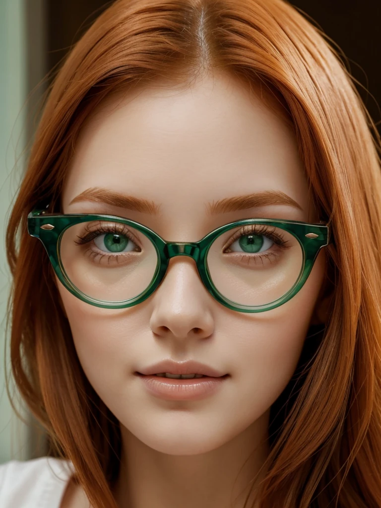 Close-up of Cute beautiful Ginger woman, green eyes, glasses, morning