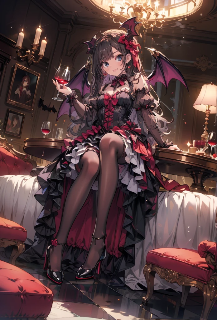 masterpiece, best quality, high resolution, extremely detailed CG, absurdres, highres, 1girl, solo, a vampire girl in  gothic costume, sat at a round table with a brandy glass filled with red wine, bat_wings on head, heels, frills, luxury hall, Colorful portraits, grin