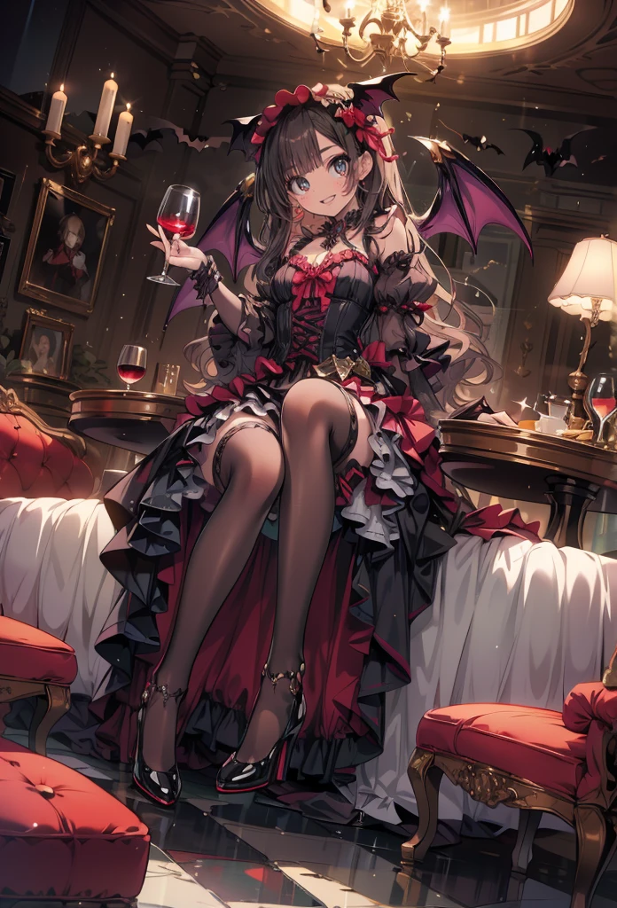 masterpiece, best quality, high resolution, extremely detailed CG, absurdres, highres, 1girl, solo, a vampire girl in gothic costume, sat at a round table with a brandy glass filled with red wine, bat_wings on head, heels, frills, luxury hall, Colorful portraits, grin